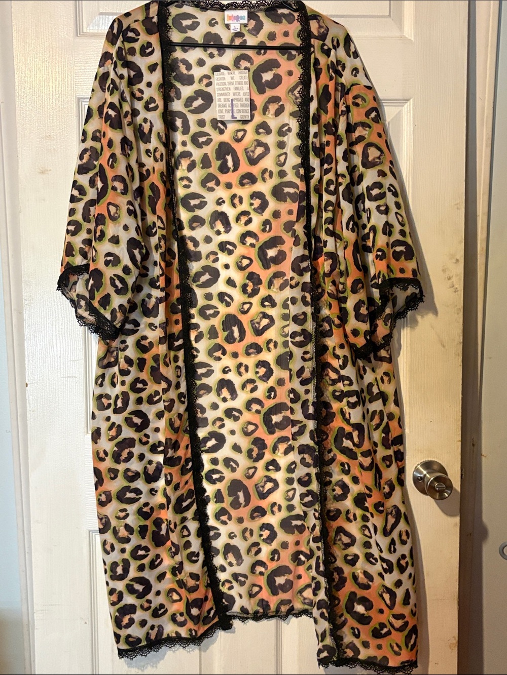LuLaRoe Chloe Leopard Print Kimono in Green, Orange & Black